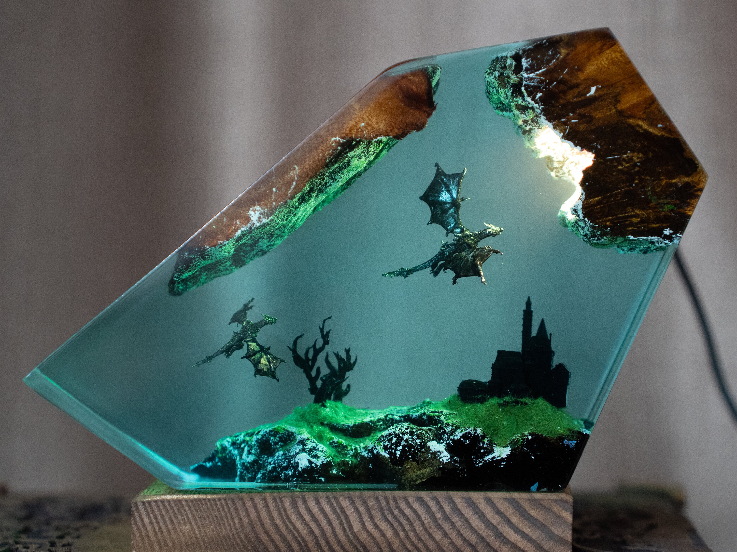 Dragon Resin Wood Night Light, Ice & Fire Dragon Lamp- Gift for Him, birthday gift, unique lamp, epoxy resin lamp, custom night light