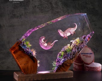 Otter Couple Resin Night Light, Swimming Otters Epoxy Night Light, Underwater Nature Diorama, Birthday Gift for Her