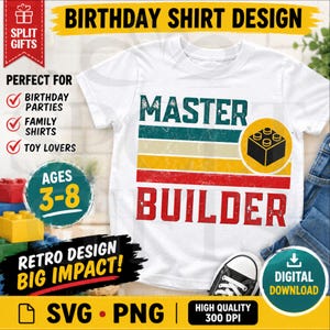 Master Builder SVG PNG, retro bouwstenen ontwerp, grappig bouwer shirt bestand, Kids Birthday Party Cricut gesneden bestand, Toy Lover cadeau, digitaal