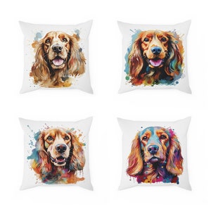 Può includere: Set di quattro federe per cuscini bianche con illustrazioni in stile acquerello di un cocker spaniel dorato con schizzi di colore. Il cane guarda direttamente lo spettatore con un'espressione felice.