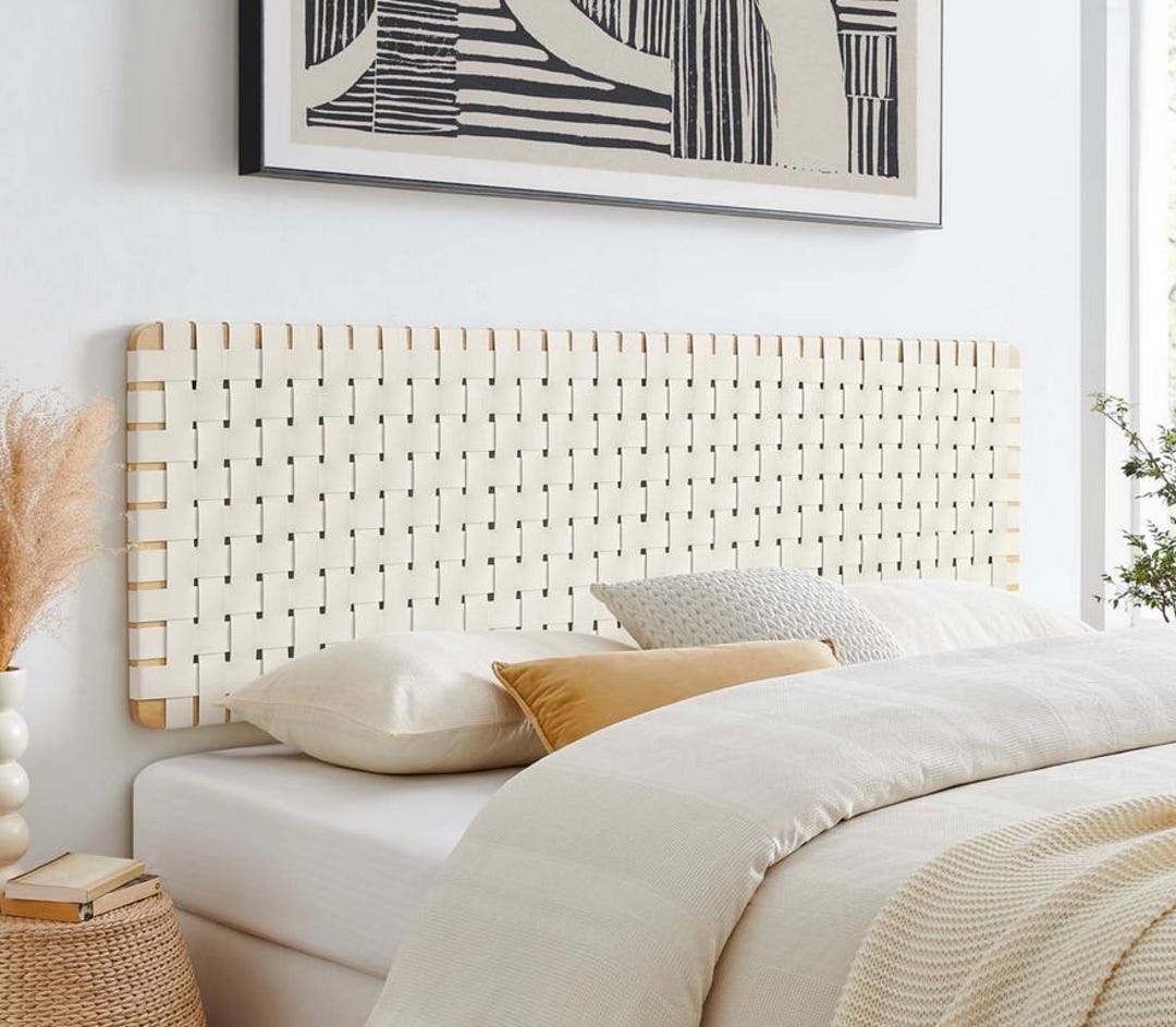 View of Handmade Woven Leather Headboard, Rustic Brown Leather & Wood Headboard ...