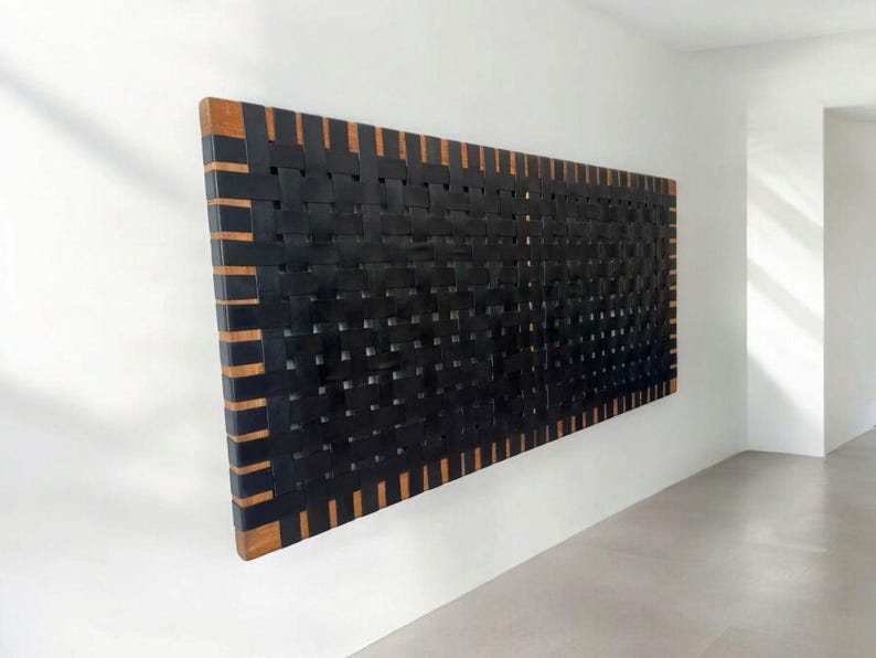 Handmade Woven Leather Headboard, Custom Brown Leather & Wood Headboard