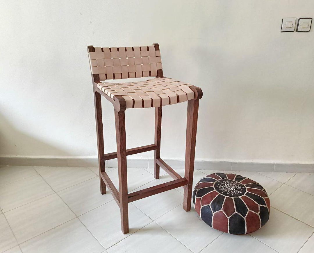 Moroccan Boho Bar Stools Set, Custom Walnut and Woven Leather Counter ...