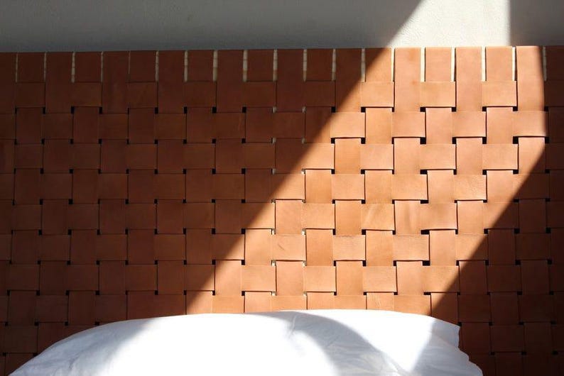 Handmade Woven Leather Headboard, Custom Brown Leather & Wood Headboard