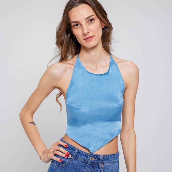 Stylish silk indigo root dyed triangle and lace-up blouse