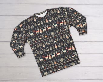 Ugly Christmas Sweater (Sweatshirt); Retro Christmas Sweatshirt, Vintage Holiday Design, Snowflakes/Christmas Tree/Reindeer Sweater, 17 1