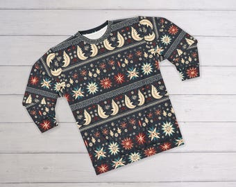 Ugly Christmas Sweater (Sweatshirt); Retro Christmas Sweatshirt, Vintage Holiday Design, Snowflakes/Christmas Tree/Reindeer Sweater, 27 2