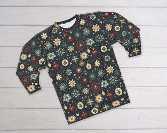 Ugly Christmas Sweater (Sweatshirt); Retro Christmas Sweatshirt, Vintage Holiday Design, Snowflakes/Christmas Tree/Reindeer Sweater, 15 1
