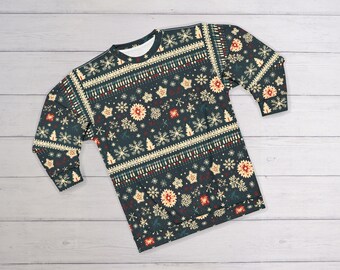 Ugly Christmas Sweater (Sweatshirt); Retro Christmas Sweatshirt, Vintage Holiday Design, Snowflakes/Christmas Tree/Reindeer Sweater, 13 1