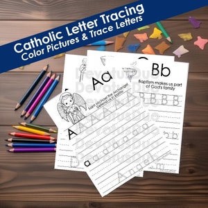 Hoja de trabajo de escritura a mano, católica, calco de letras manuscritas, copia, páginas para colorear, descarga digital, educación en casa