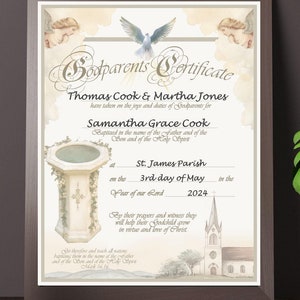 Certificado de padrino con retrato, personalizable, descargable, imprimible, plantilla, recuerdo, vintage, católico, cristiano, bautismo