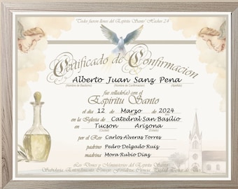 May include: A framed certificate of confirmation for Alberto Juan Sanz Pena. The certificate is decorated with a dove, angels, and a church. It states that Alberto was confirmed on March 12, 2024, at the Cathedral San Basilio in Tucson, Arizona.