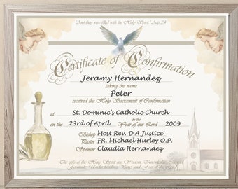 May include: A certificate of confirmation for Jeramy Hernandez, who took the name Peter. The ceremony took place at St. Dominic's Catholic Church on April 23rd, 2009. The certificate features a dove, angels, and a church.