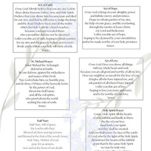May include: A white paper with the title "IMPORTANT PRAYERS" and several prayers in black text, including "Act of Faith," "Act of Hope," "St. Michael Prayer," "Act of Love," "Hail Mary," and "Holy Spirit Prayer."