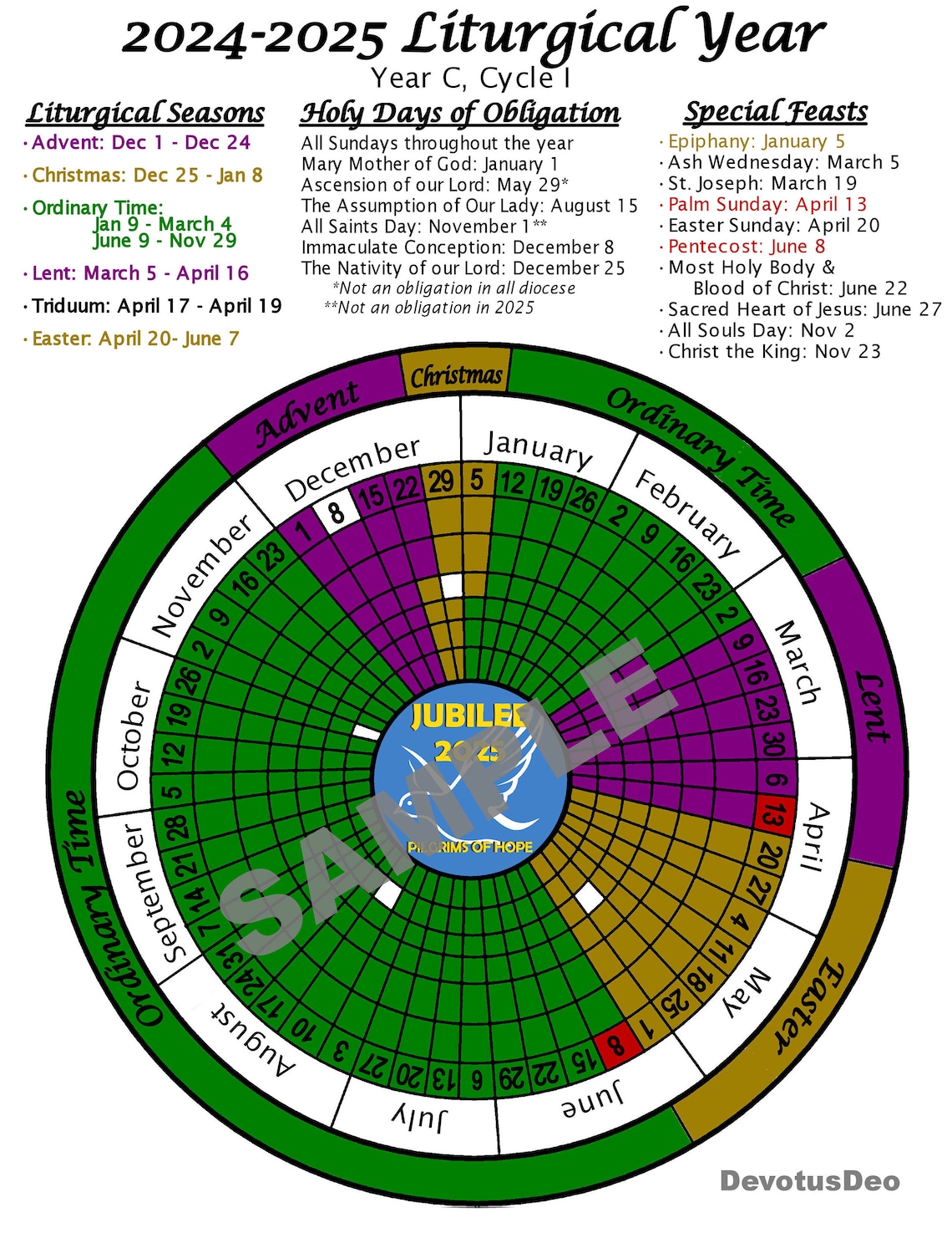 Printable 2025 Liturgical Calendar, Downloadable Catholic Worksheet