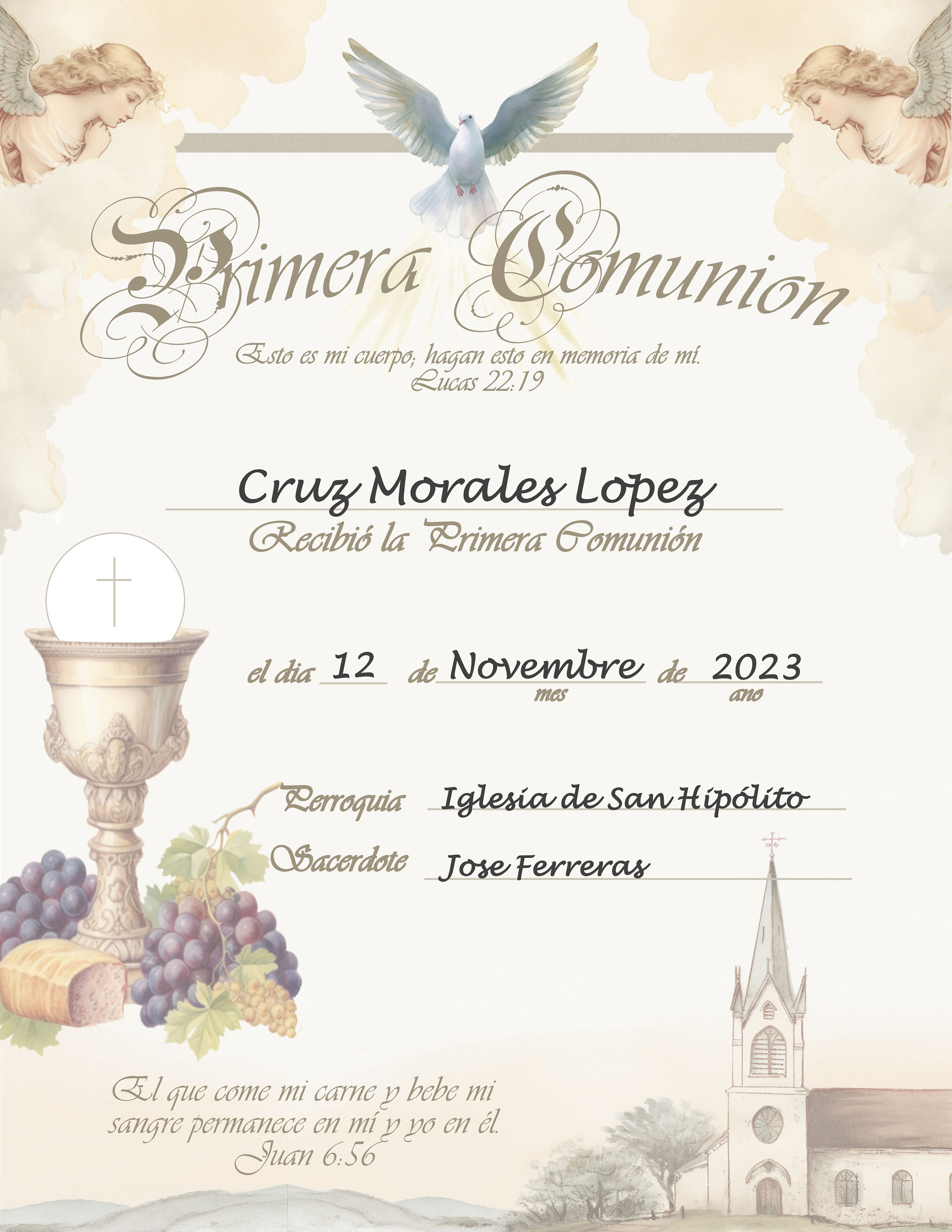 Certificado De Primera Comunión Personalizado, Imprimible, Personalized