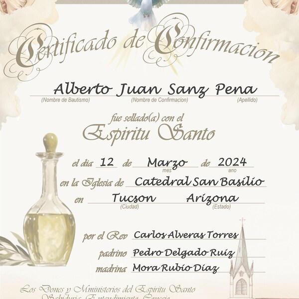 Certificado de Confirmación Personalizado (vertical), Imprimible, Spanish Personalized Confirmation Certificate