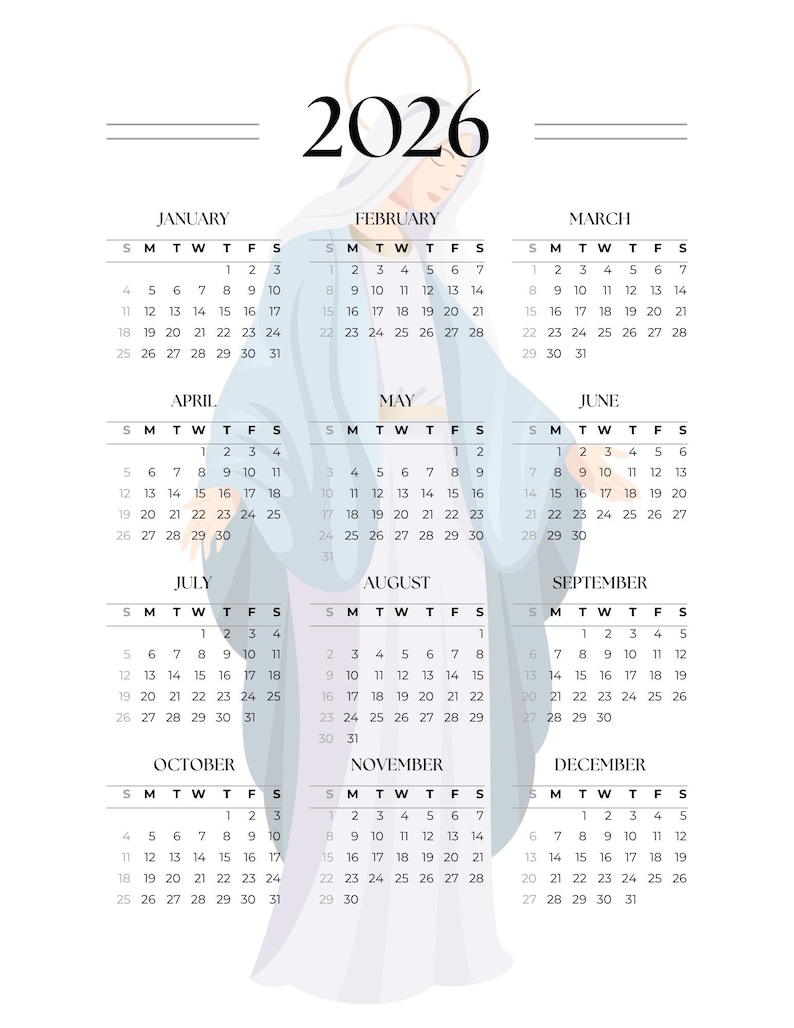 May include: 2026 calendar featuring a light blue illustration of a religious figure with a halo. The calendar displays the months January through December with dates in a simple, readable format.