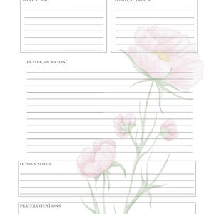 May include: A white prayer journaling page with the text "PRAYER JOURNALING", "BIBLE VERSE", "SPIRITUAL GOALS", "HOMILY NOTES", and "PRAYER INTENTIONS". The page features a watercolor floral design with pink flowers and green stems.