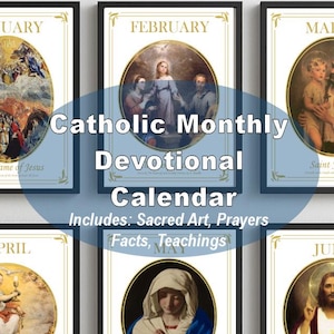 Op de afbeelding: Een verzameling ingelijste katholieke maandelijkse devotiekalenders. Elke kalender toont een andere maand, met religieuze kunstwerken in een cirkelvormig kader. De tekst "Catholic Monthly Devotional Calendar" is prominent aanwezig.