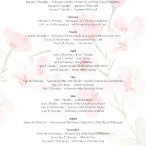 May include: A calendar page titled "IMPORTANT DATES FOR 2026" with a floral design in the background. The calendar lists religious holidays and observances for each month, including dates for January, February, March, April, May, June, August, November, and December.