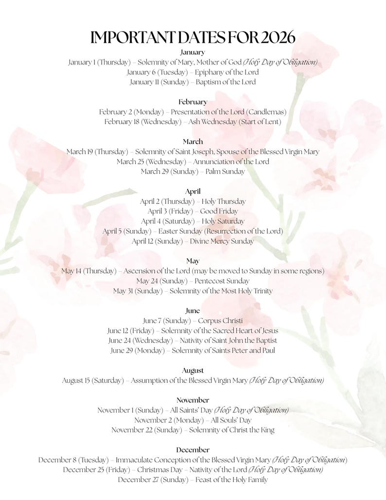 May include: A calendar page titled "IMPORTANT DATES FOR 2026" with a floral design in the background. The calendar lists religious holidays and observances for each month, including dates for January, February, March, April, May, June, August, November, and December.