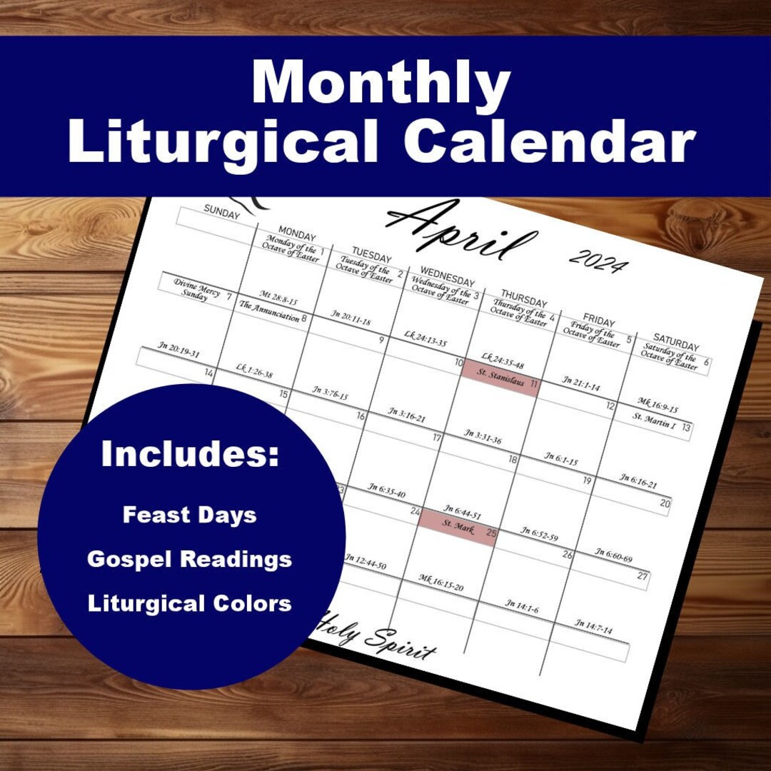 Printable 2024 Monthly Liturgical Calendar, April, 8.5 X 11, Landscape