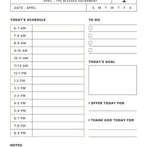 May include: A white daily planner with black text. The planner includes sections for scheduling, to-do lists, and notes. The text reads "DAILY PLANNER" and "APRIL - THE BLESSED SACRAMENT". It has a section for "TODAY'S GOAL" and "I OFFER TODAY FOR".