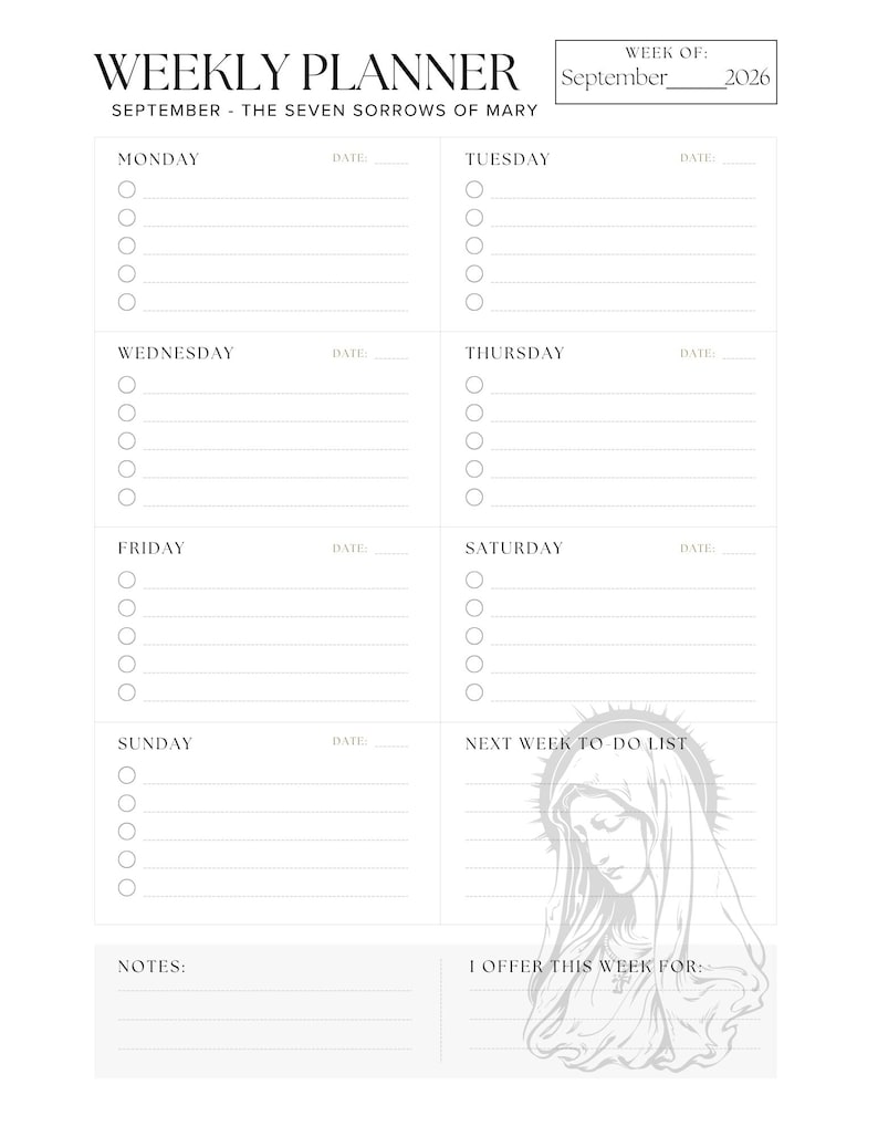 May include: A weekly planner with the text "WEEKLY PLANNER" at the top. The planner includes sections for each day of the week, a "Next Week To Do List," and a space for notes. The week of September 2026 is featured.
