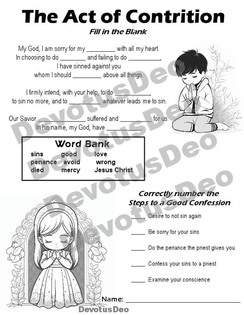 Printable Act of Contrition Catholic Worksheet Downloadable Etsy Printable Act of Contrition Catholic Worksheet Downloadable Etsy
