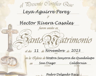 Certificado de Santo Matrimonio Personalizado, Imprimible, Spanish Personalized Holy Matrimony Certificate