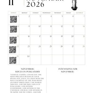 May include: A minimalist November 2026 calendar with a candle illustration. The calendar grid is white with black text, featuring QR codes on Sundays. The text includes "November: Souls in Purgatory" and a prayer.