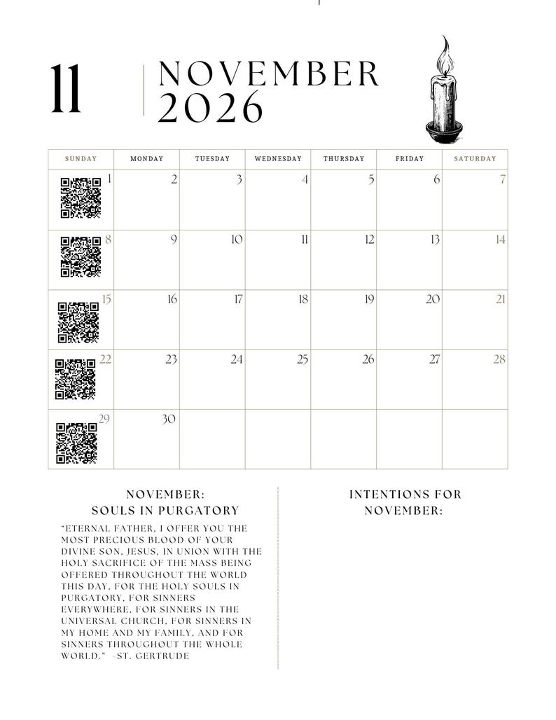May include: A minimalist November 2026 calendar with a candle illustration. The calendar grid is white with black text, featuring QR codes on Sundays. The text includes "November: Souls in Purgatory" and a prayer.