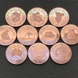 Set Of 10 x 1/10oz 999 Copper Bullion Coins "Collection Of Coins Minted By RMB"