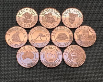 Set Of 10 x 1/10oz 999 Copper Bullion Coins "Collection Of Coins Minted By RMB"