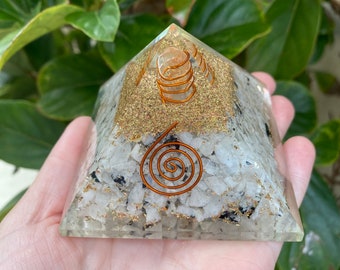 Orgonite Pyramid - Moonstone Crystals, Copper Wrapped Quartz Generator, Gold Flakes & Meaning Card