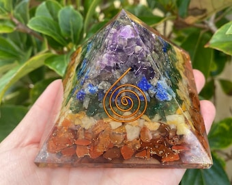 Orgonite Pyramid - Seven Chakra Crystals, Copper Wrapped Quartz Generator, Gold Flakes & Meaning Card