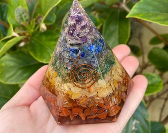 Large Hand Made Orgonite 6 Sided Pyramid with Meaning Card "Chakra Crystals"