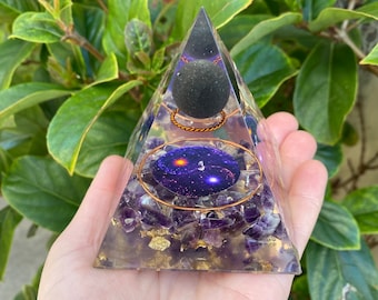 Orgonite Tall Pyramid - Amethyst Crystals, Copper Tensor Ring, Gold Flakes & Moon