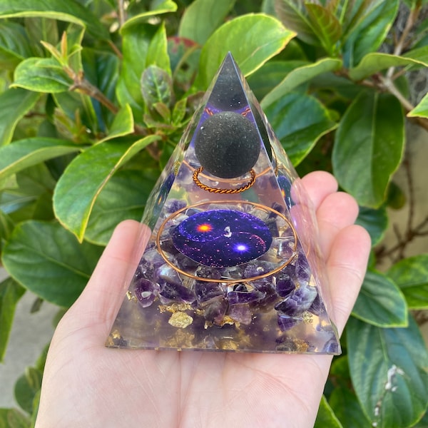 Orgonite Tall Pyramid - Amethyst Crystals, Copper Tensor Ring, Gold Flakes & Moon