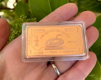 1oz 999 Copper Bullion Bar "Brown Snake" Pure Copper Bullion