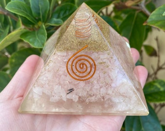 Orgonite Pyramid - Rose Quartz Crystals, Copper Wrapped Quartz Generator, Gold Flakes & Meaning Card