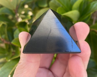 May include: A black pyramid-shaped crystal with a smooth, polished surface. The pyramid has a triangular shape with four sides and a pointed top. The crystal is held in a person's hand, with green foliage in the background.