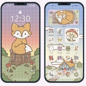 Kawaii Fox Cottagecore ikonpaket, telefonteman, iOS och Android (digital nedladdning)