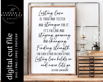 May include: A white sign with black text that reads "Lasting love is tried and tested and stronger for it. It's falling and staying, growing and changing. Finding strength for each other in each other. Lasting love holds on and never lets go. Author Unknown."