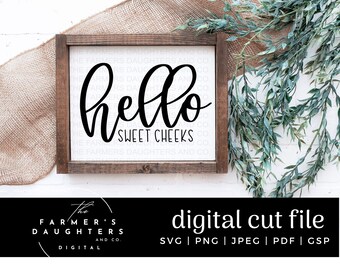 May include: A framed wooden sign with the words "hello sweet cheeks" in black script. The sign has a white background and a dark brown frame. The sign is on a burlap surface with greenery in the background. The bottom of the image has the text "digital cut file".