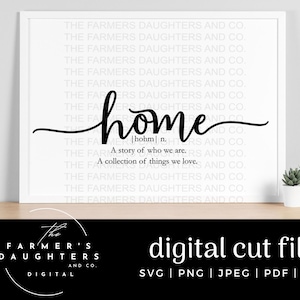 May include: A white framed print with black text that reads "The Farmers Daughters and Co." repeated multiple times. The word "home" is written in a large, cursive font with a definition below. The definition reads "|hohm| n. A story of who we are. A collection of things we love."