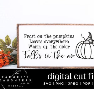 May include: A digital cut file design featuring a black and white illustration of a pumpkin with the text "Frost on the pumpkins Leaves everywhere Warm up the cider Fall's in the air".