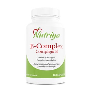 May include: White bottle with a red heart and green leaf logo that says "Nutriya" and "B-Complex Complejo B". The bottle contains 100 capsules and is a dietary supplement.