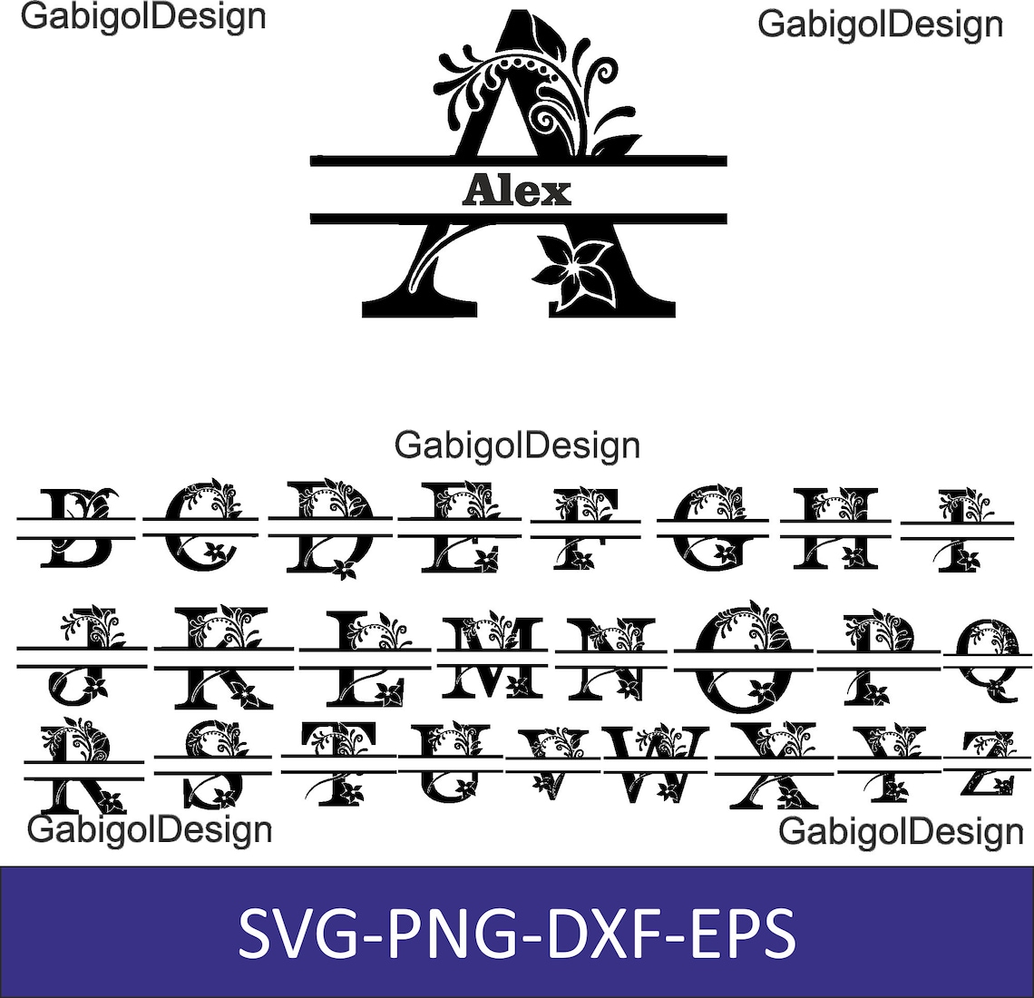 Split Monogram Font Letters Svg Png Dxf Files, Cricut Monogram Frame ...